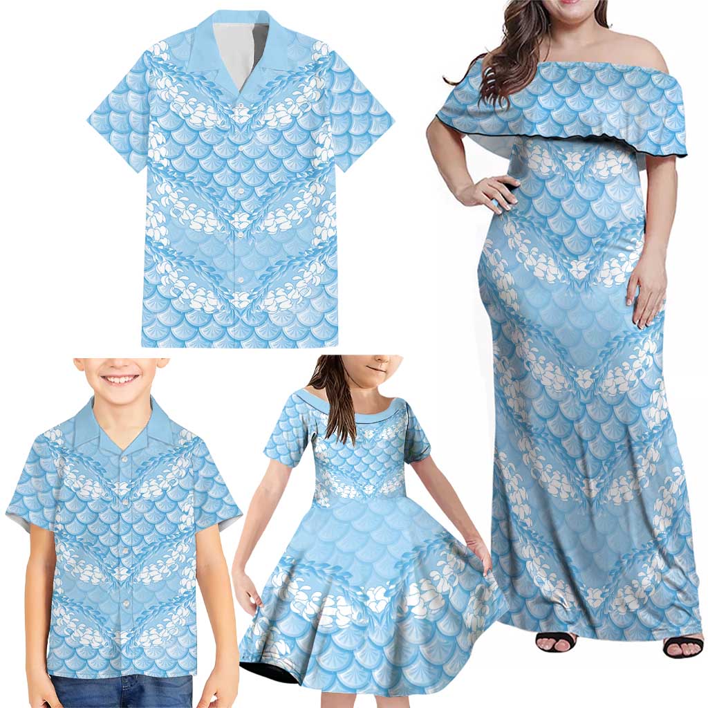 Baby Blue Mermaid Puakenikeni Maile Lei Family Matching Off Shoulder Maxi Dress and Hawaiian Shirt LT01 - Polynesian Pride