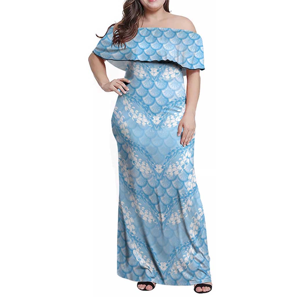 Baby Blue Mermaid Puakenikeni Maile Lei Family Matching Off Shoulder Maxi Dress and Hawaiian Shirt LT01 Mom's Dress Blue - Polynesian Pride