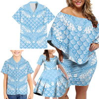 Baby Blue Mermaid Puakenikeni Maile Lei Family Matching Off Shoulder Short Dress and Hawaiian Shirt LT01 - Polynesian Pride