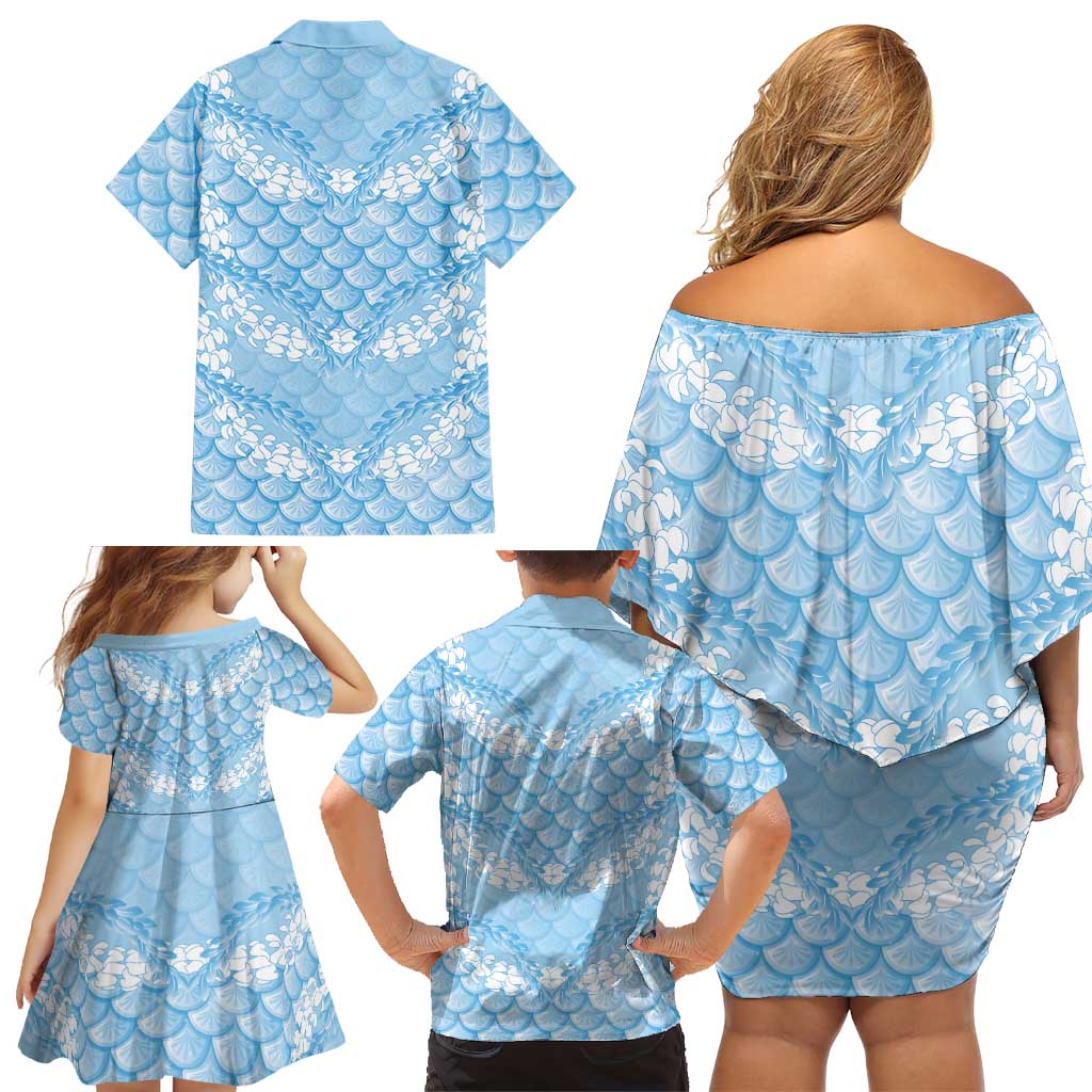 Baby Blue Mermaid Puakenikeni Maile Lei Family Matching Off Shoulder Short Dress and Hawaiian Shirt LT01 - Polynesian Pride