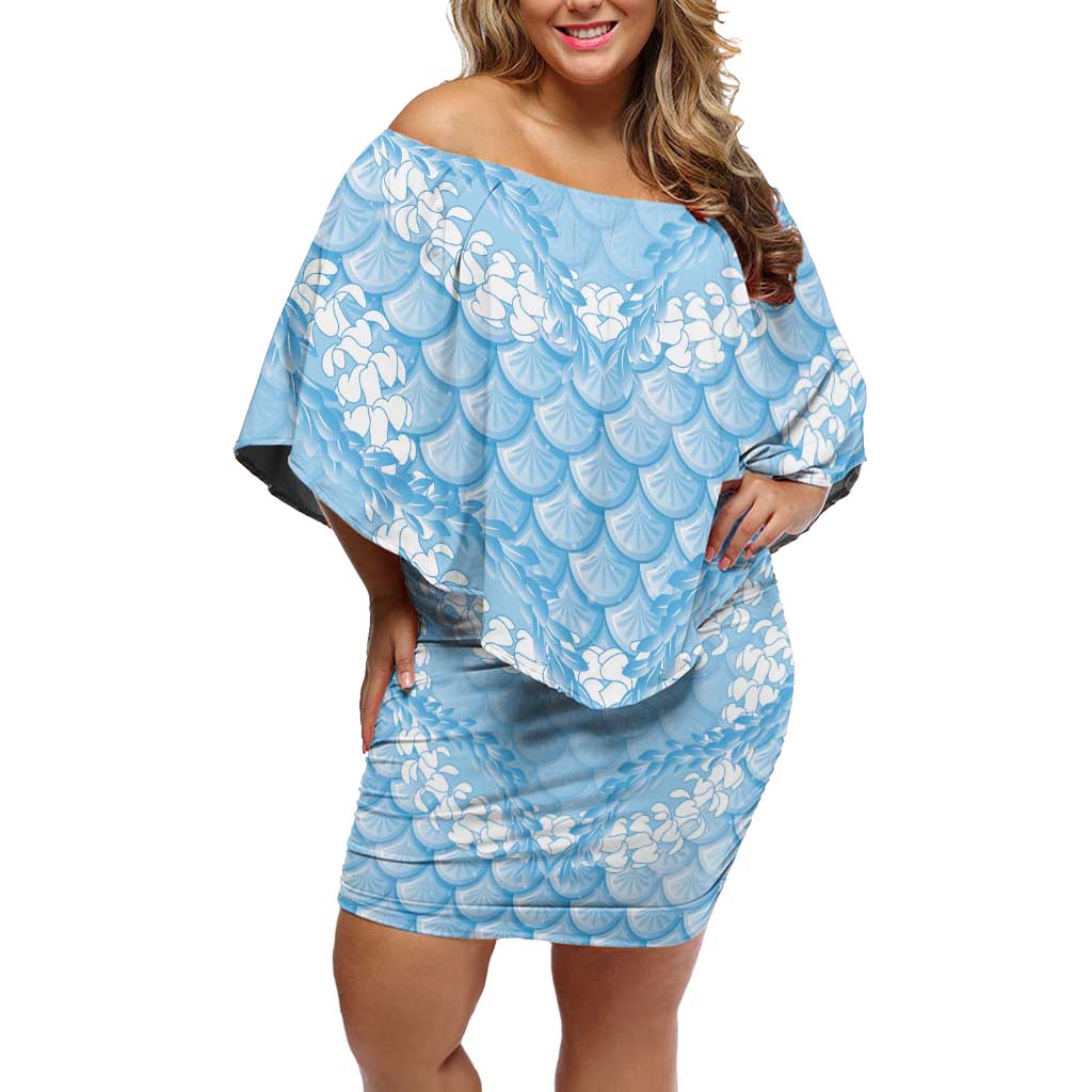 Baby Blue Mermaid Puakenikeni Maile Lei Family Matching Off Shoulder Short Dress and Hawaiian Shirt LT01 Mom's Dress Blue - Polynesian Pride