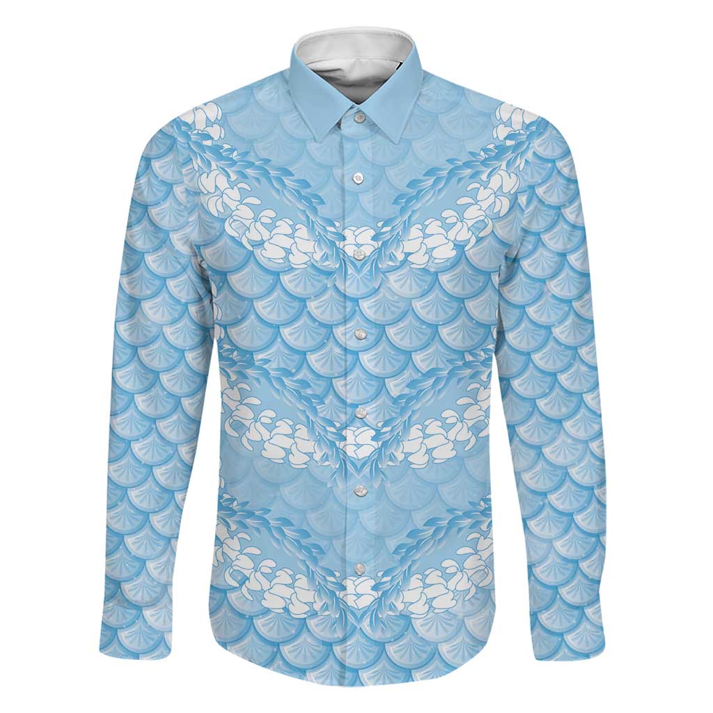 Baby Blue Mermaid Puakenikeni Maile Lei Family Matching Short Sleeve Bodycon Dress and Hawaiian Shirt LT01 Dad's Shirt - Long Sleeve Blue - Polynesian Pride