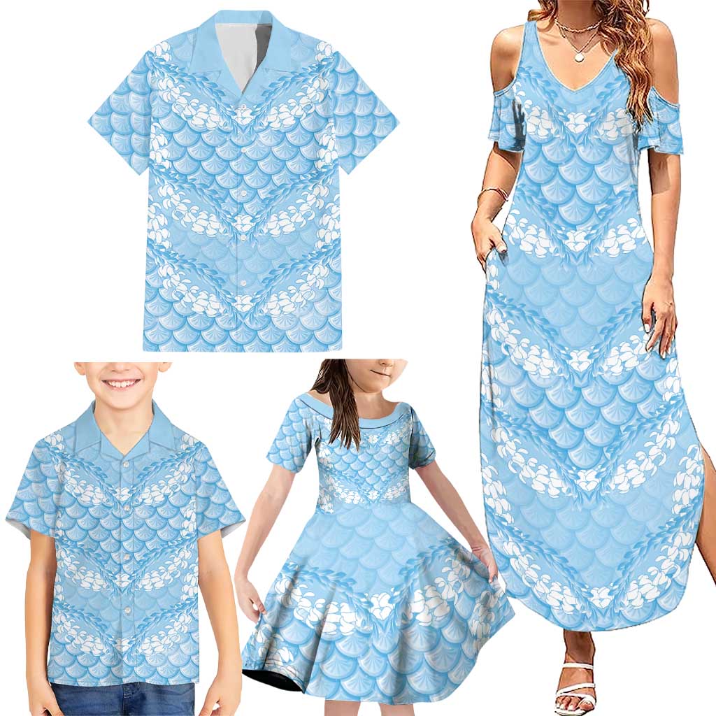 Baby Blue Mermaid Puakenikeni Maile Lei Family Matching Summer Maxi Dress and Hawaiian Shirt LT01 - Polynesian Pride