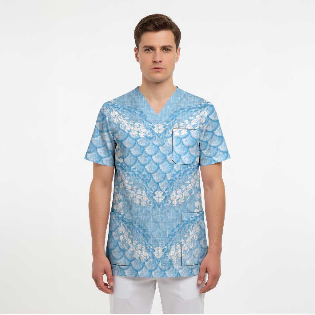 Baby Blue Mermaid Puakenikeni Maile Lei Scrub Top