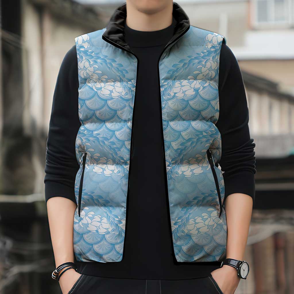 Baby Blue Mermaid Puakenikeni Maile Lei Sleeveless Puffer Jacket