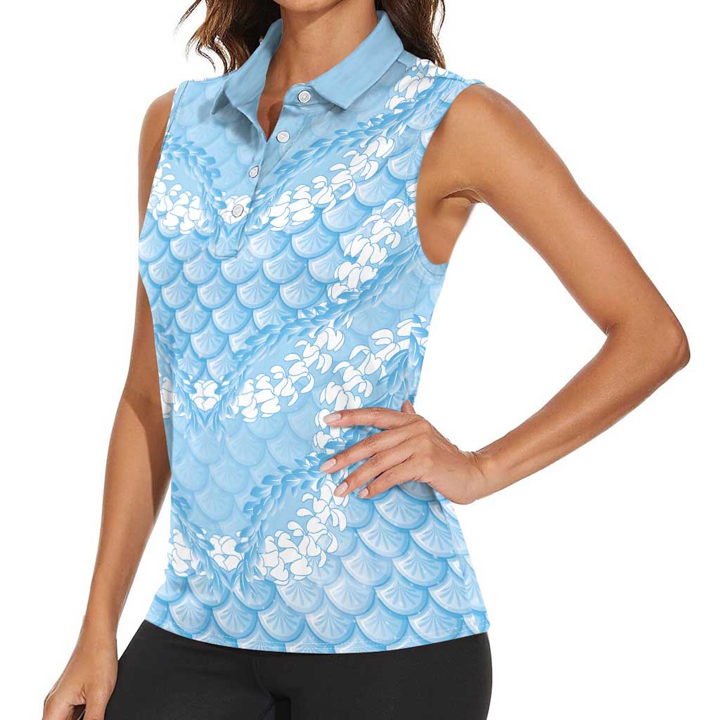 Baby Blue Mermaid Puakenikeni Maile Lei Women Sleeveless Polo Shirt