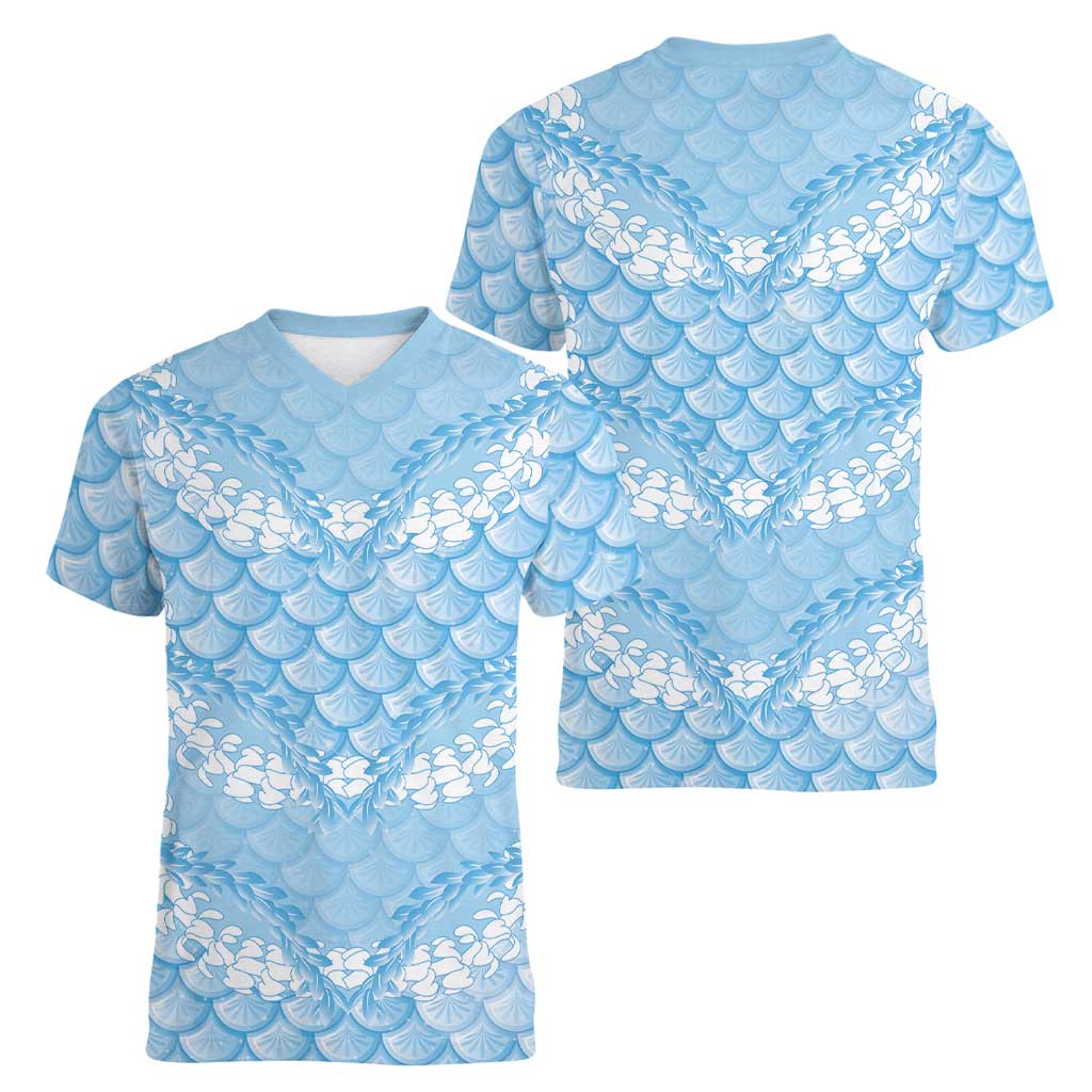 Baby Blue Mermaid Puakenikeni Maile Lei Women V-Neck T-Shirt