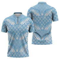 Baby Blue Mermaid Puakenikeni Maile Lei Zipper Polo Shirt