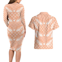 Apricot Mermaid Puakenikeni Maile Lei Couples Matching Long Sleeve Bodycon Dress and Hawaiian Shirt LT01 - Polynesian Pride