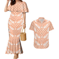 Apricot Mermaid Puakenikeni Maile Lei Couples Matching Mermaid Dress and Hawaiian Shirt LT01 Apricot - Polynesian Pride