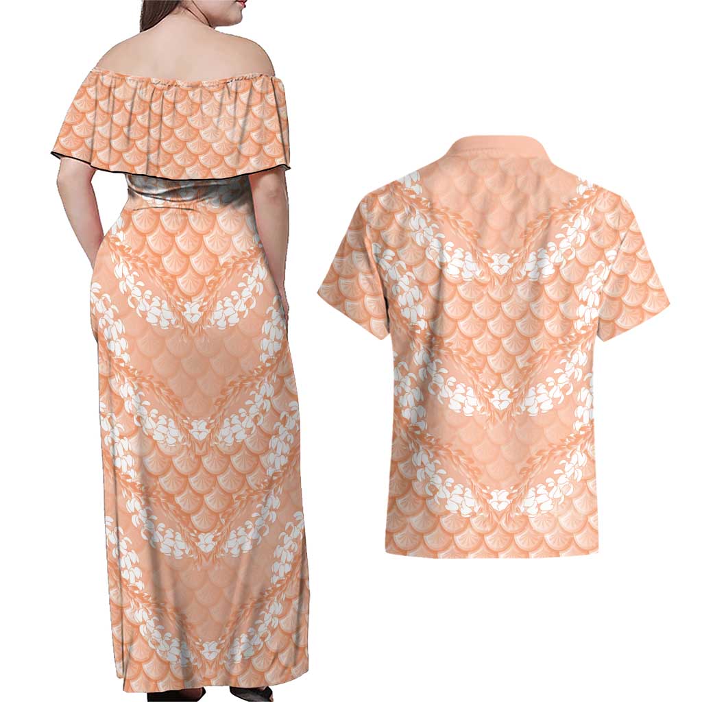Apricot Mermaid Puakenikeni Maile Lei Couples Matching Off Shoulder Maxi Dress and Hawaiian Shirt