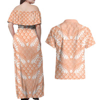 Apricot Mermaid Puakenikeni Maile Lei Couples Matching Off Shoulder Maxi Dress and Hawaiian Shirt