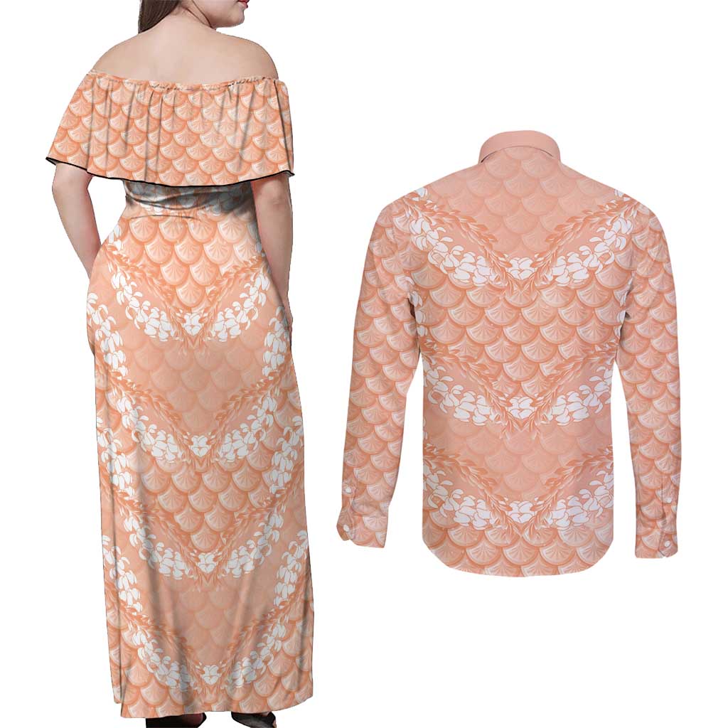 Apricot Mermaid Puakenikeni Maile Lei Couples Matching Off Shoulder Maxi Dress and Long Sleeve Button Shirt