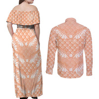 Apricot Mermaid Puakenikeni Maile Lei Couples Matching Off Shoulder Maxi Dress and Long Sleeve Button Shirt