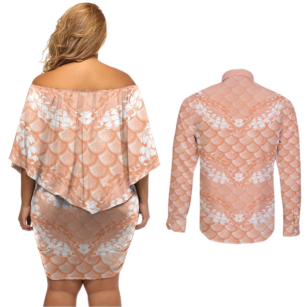 Apricot Mermaid Puakenikeni Maile Lei Couples Matching Off Shoulder Short Dress and Long Sleeve Button Shirt