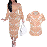 Apricot Mermaid Puakenikeni Maile Lei Couples Matching Off The Shoulder Long Sleeve Dress and Hawaiian Shirt LT01 Apricot - Polynesian Pride