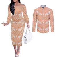 Apricot Mermaid Puakenikeni Maile Lei Couples Matching Off The Shoulder Long Sleeve Dress and Long Sleeve Button Shirt LT01 Apricot - Polynesian Pride