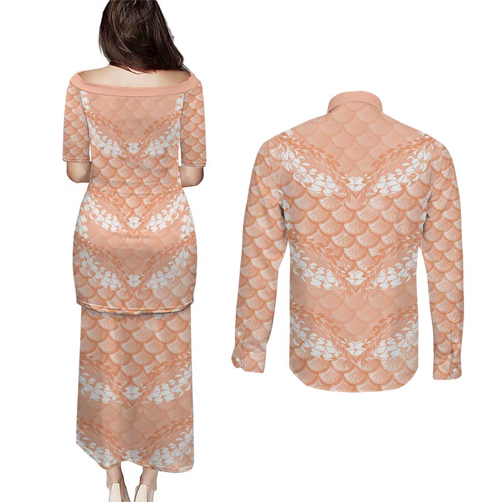 Apricot Mermaid Puakenikeni Maile Lei Couples Matching Puletasi and Long Sleeve Button Shirt