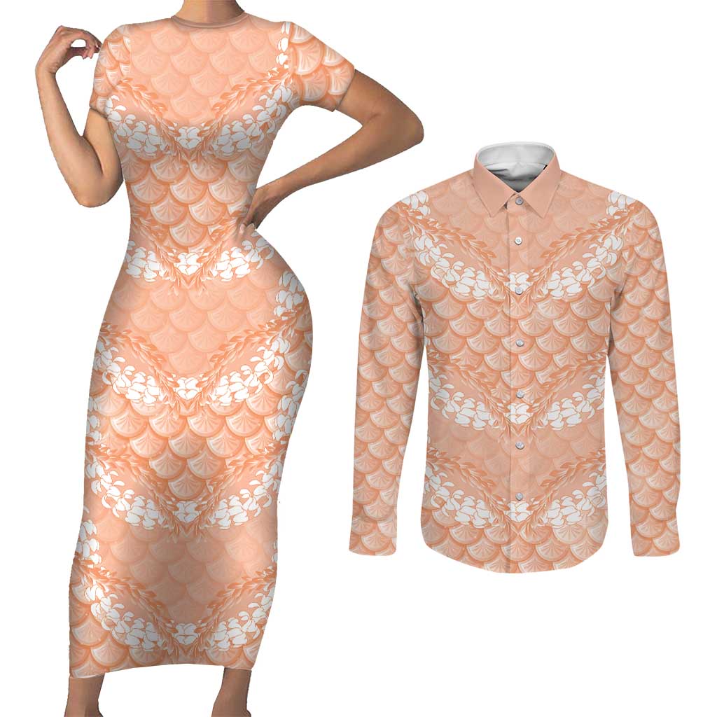 Apricot Mermaid Puakenikeni Maile Lei Couples Matching Short Sleeve Bodycon Dress and Long Sleeve Button Shirt