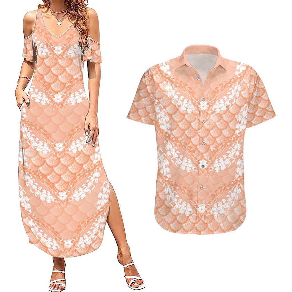 Apricot Mermaid Puakenikeni Maile Lei Couples Matching Summer Maxi Dress and Hawaiian Shirt