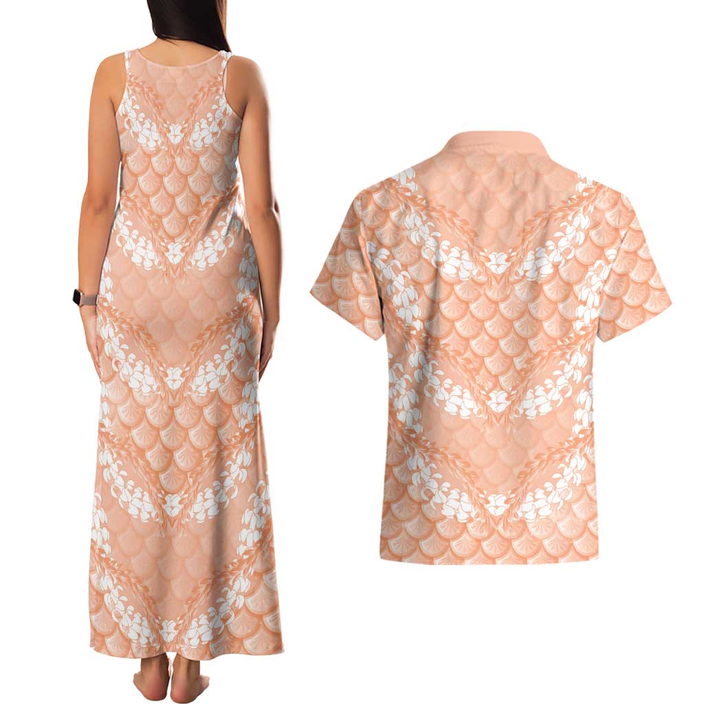 Apricot Mermaid Puakenikeni Maile Lei Couples Matching Tank Maxi Dress and Hawaiian Shirt LT01 - Polynesian Pride