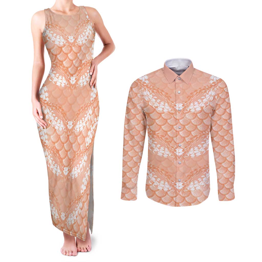 Apricot Mermaid Puakenikeni Maile Lei Couples Matching Tank Maxi Dress and Long Sleeve Button Shirt