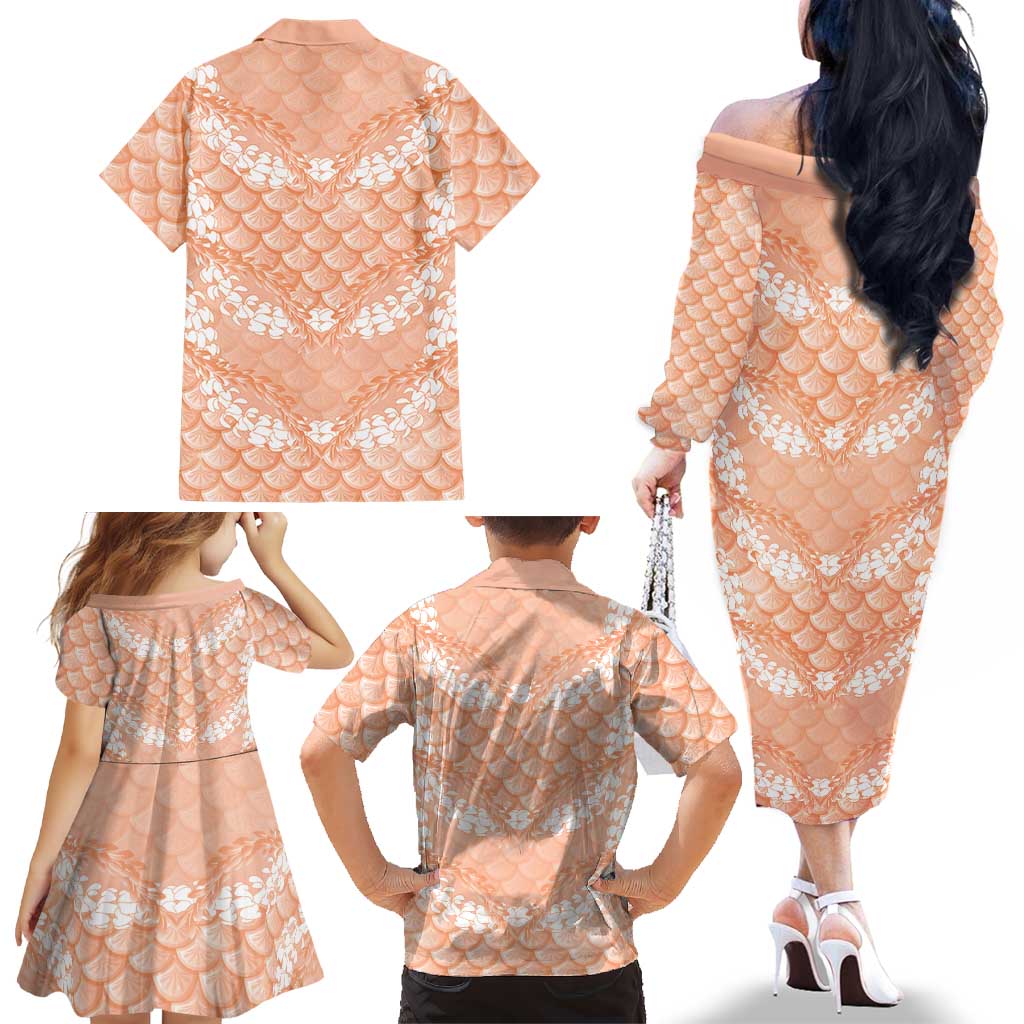 Apricot Mermaid Puakenikeni Maile Lei Family Matching Off The Shoulder Long Sleeve Dress and Hawaiian Shirt LT01 - Polynesian Pride