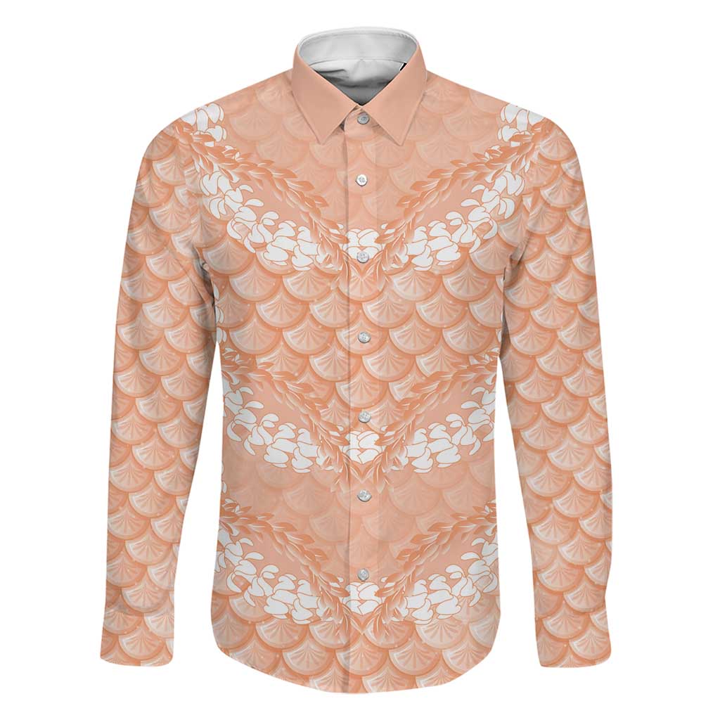 Apricot Mermaid Puakenikeni Maile Lei Family Matching Off The Shoulder Long Sleeve Dress and Hawaiian Shirt LT01 Dad's Shirt - Long Sleeve Apricot - Polynesian Pride