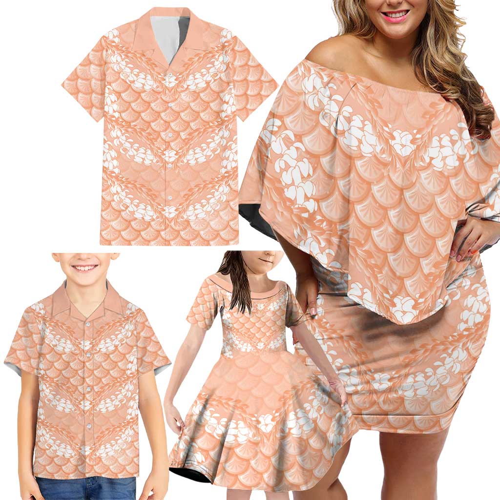 Apricot Mermaid Puakenikeni Maile Lei Family Matching Off Shoulder Short Dress and Hawaiian Shirt