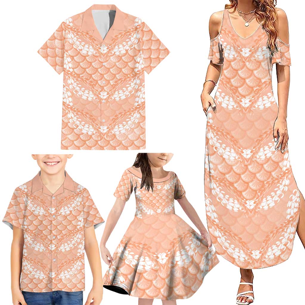 Apricot Mermaid Puakenikeni Maile Lei Family Matching Summer Maxi Dress and Hawaiian Shirt LT01 - Polynesian Pride