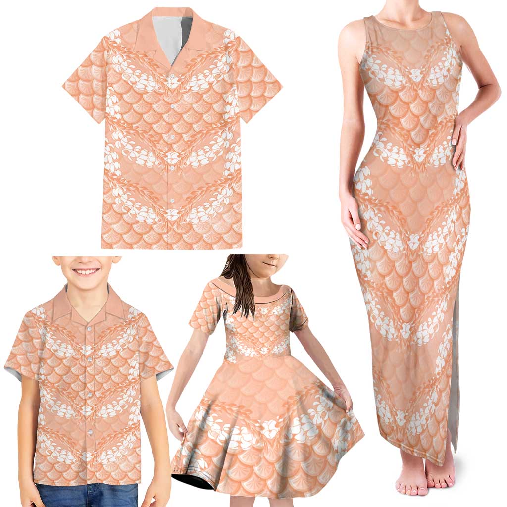 Apricot Mermaid Puakenikeni Maile Lei Family Matching Tank Maxi Dress and Hawaiian Shirt LT01 - Polynesian Pride