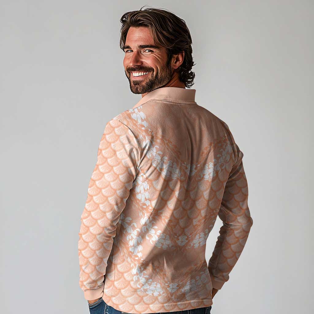 Apricot Mermaid Puakenikeni Maile Lei Long Sleeve Polo Shirt