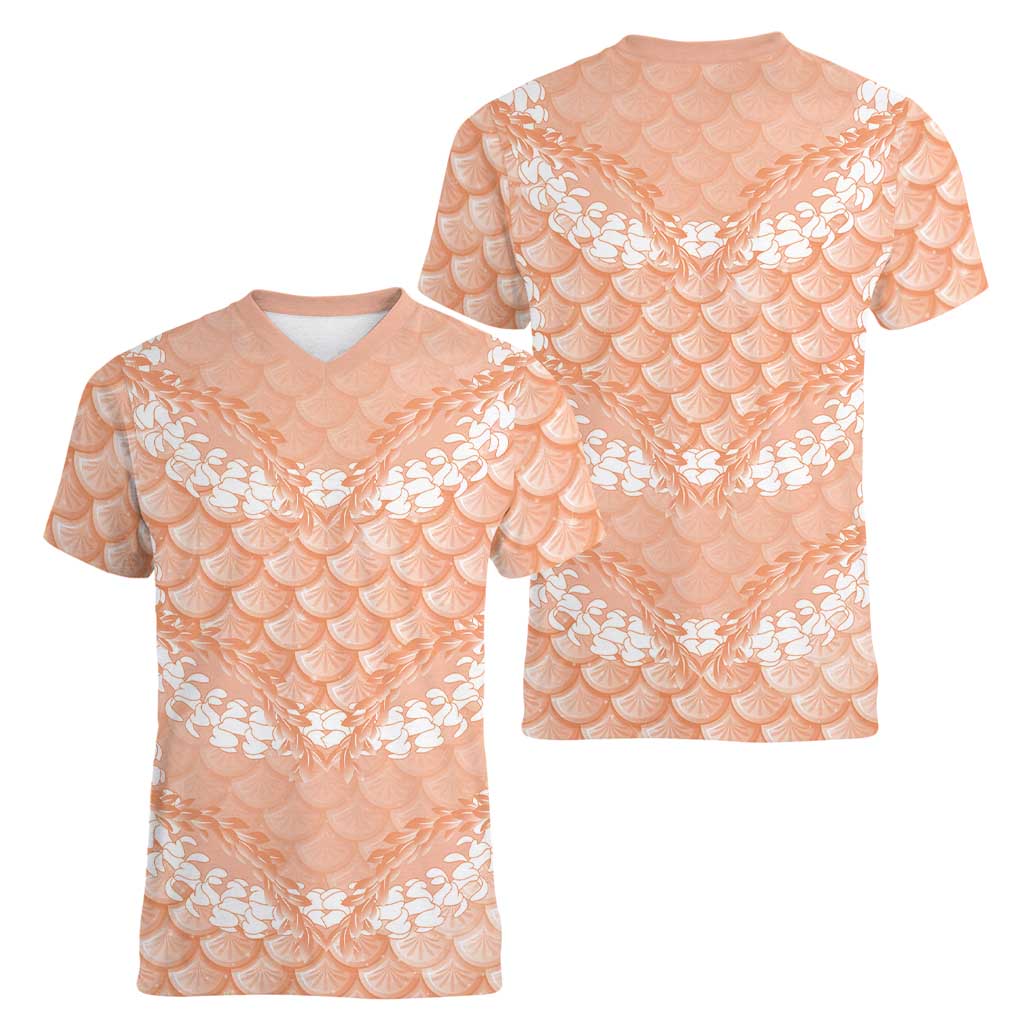 Apricot Mermaid Puakenikeni Maile Lei Women V-Neck T-Shirt