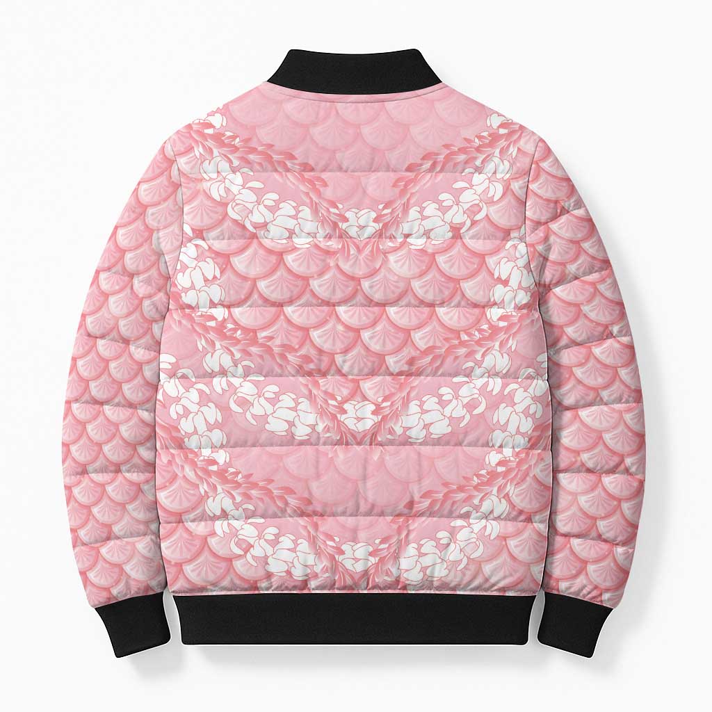 Soft Pink Mermaid Puakenikeni Maile Lei Bomber Puffer Jacket