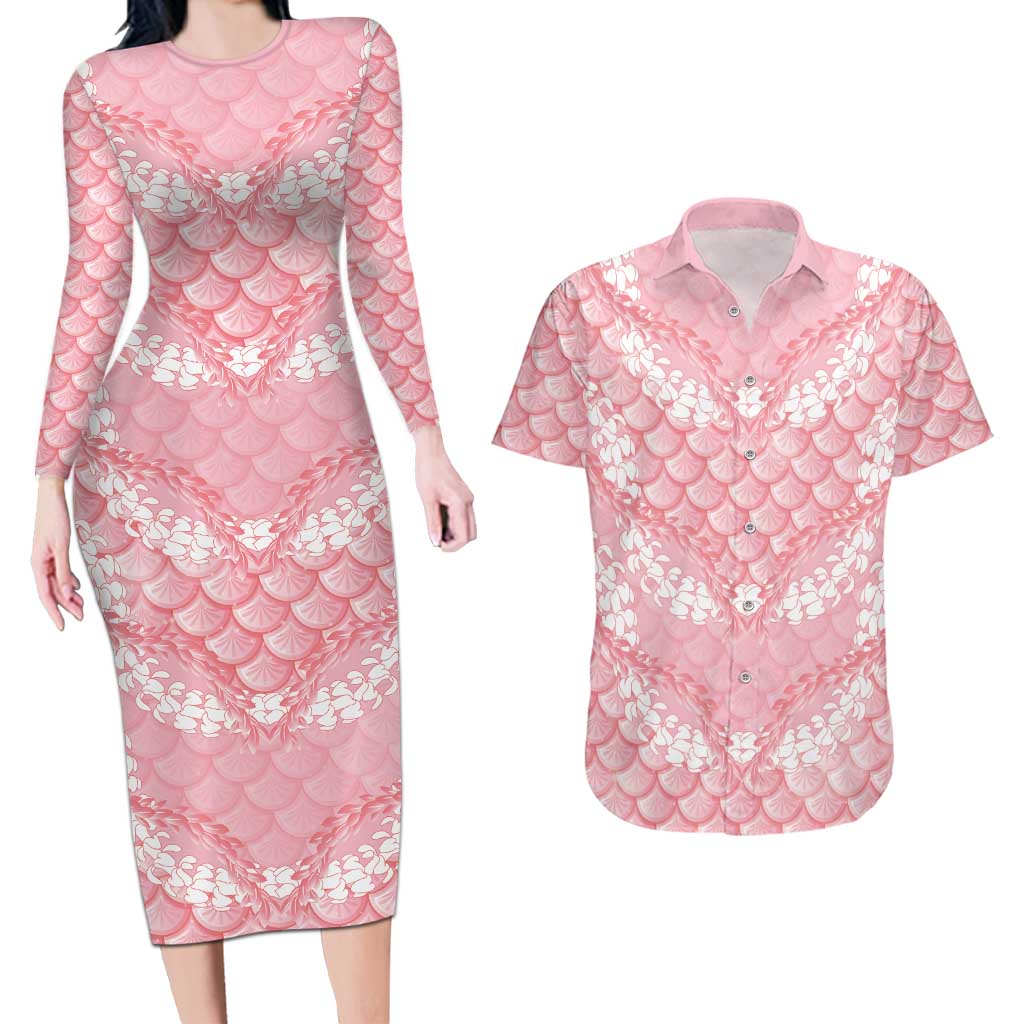 Soft Pink Mermaid Puakenikeni Maile Lei Couples Matching Long Sleeve Bodycon Dress and Hawaiian Shirt