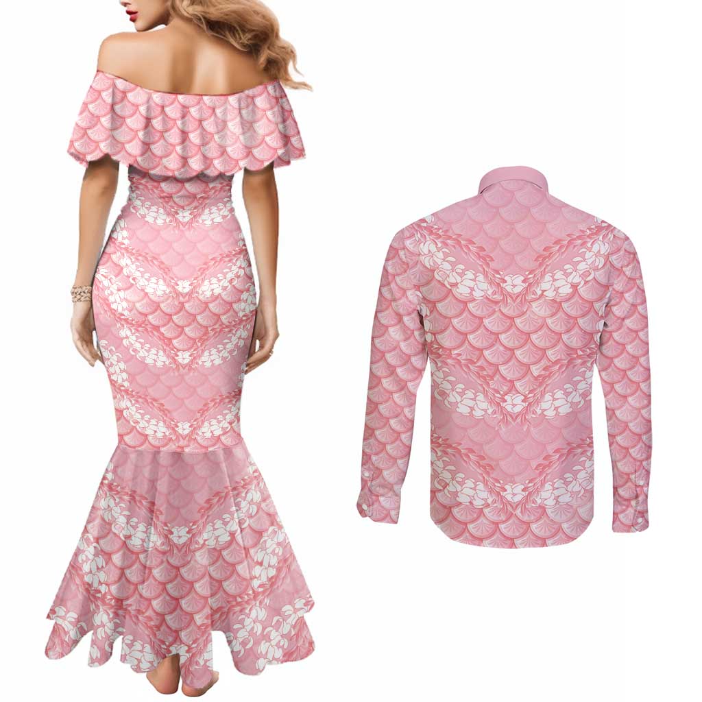 Soft Pink Mermaid Puakenikeni Maile Lei Couples Matching Mermaid Dress and Long Sleeve Button Shirt