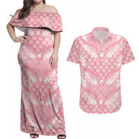 Soft Pink Mermaid Puakenikeni Maile Lei Couples Matching Off Shoulder Maxi Dress and Hawaiian Shirt