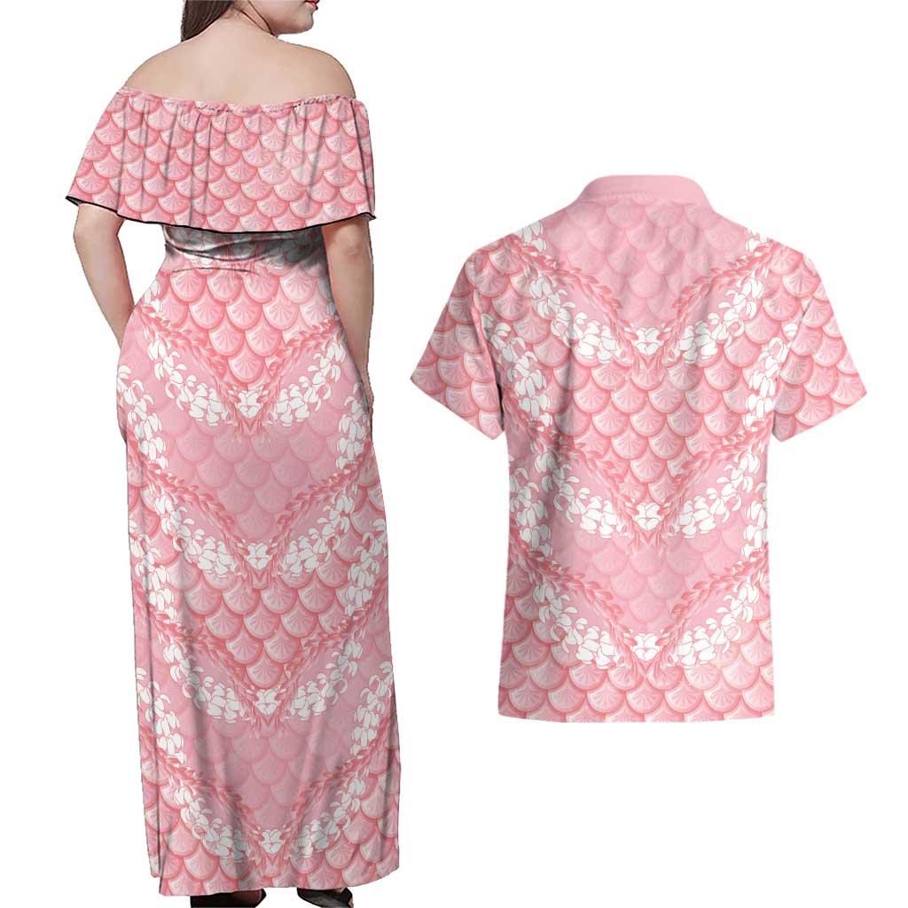Soft Pink Mermaid Puakenikeni Maile Lei Couples Matching Off Shoulder Maxi Dress and Hawaiian Shirt