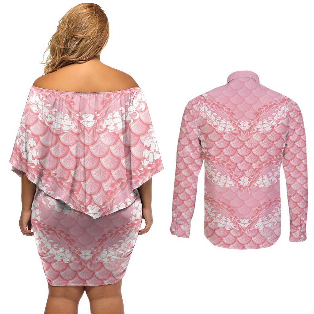 Soft Pink Mermaid Puakenikeni Maile Lei Couples Matching Off Shoulder Short Dress and Long Sleeve Button Shirt