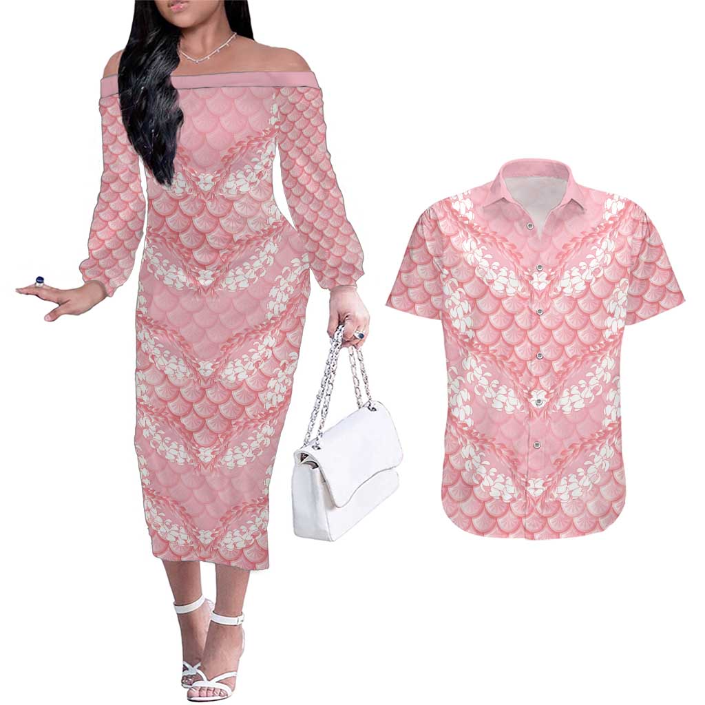Soft Pink Mermaid Puakenikeni Maile Lei Couples Matching Off The Shoulder Long Sleeve Dress and Hawaiian Shirt LT01 Pink - Polynesian Pride