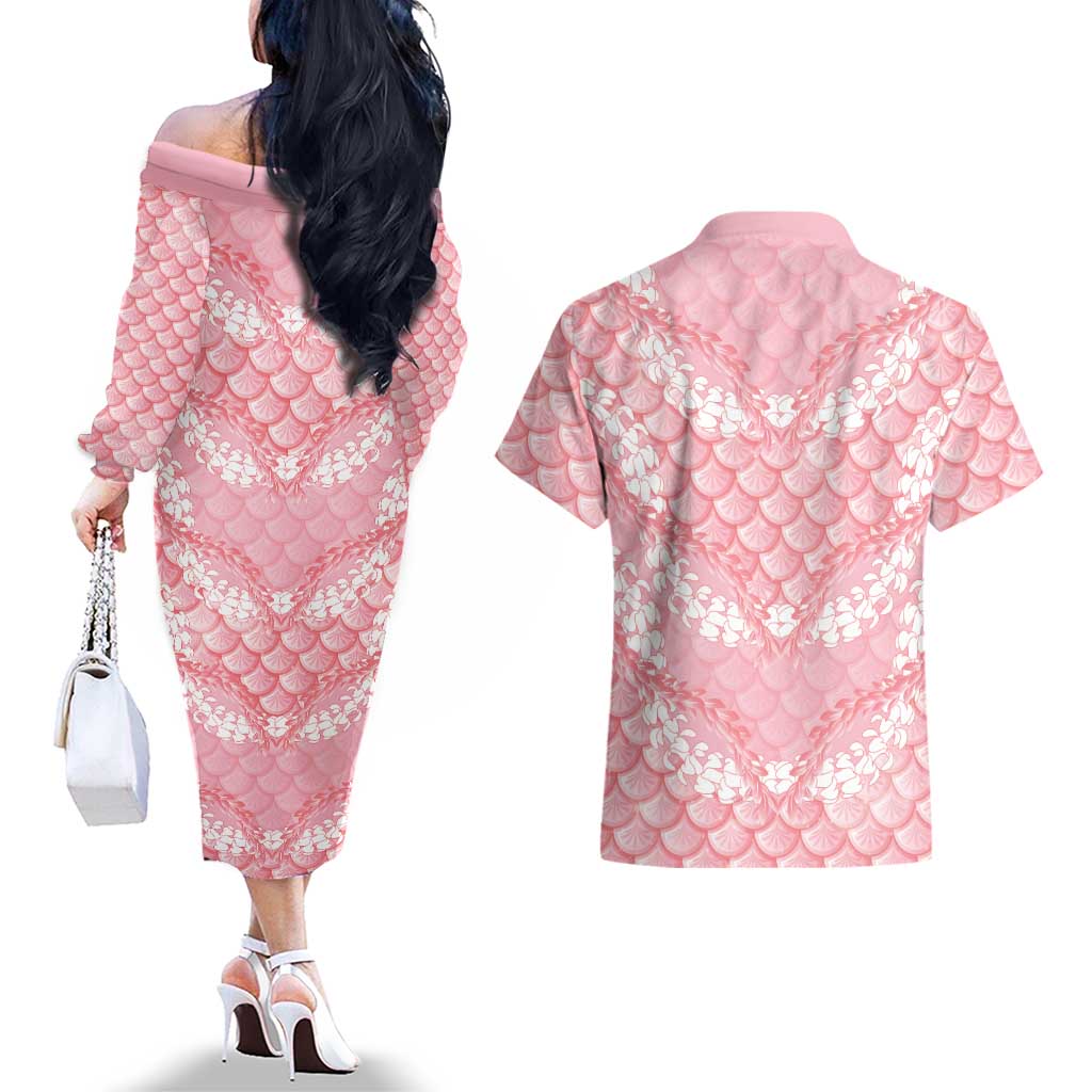 Soft Pink Mermaid Puakenikeni Maile Lei Couples Matching Off The Shoulder Long Sleeve Dress and Hawaiian Shirt LT01 - Polynesian Pride
