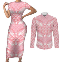 Soft Pink Mermaid Puakenikeni Maile Lei Couples Matching Short Sleeve Bodycon Dress and Long Sleeve Button Shirt