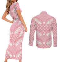 Soft Pink Mermaid Puakenikeni Maile Lei Couples Matching Short Sleeve Bodycon Dress and Long Sleeve Button Shirt