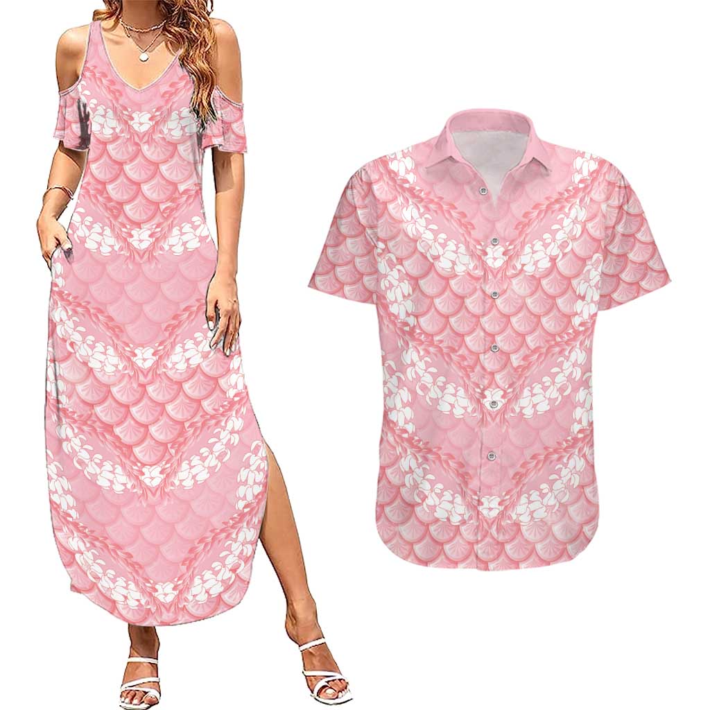 Soft Pink Mermaid Puakenikeni Maile Lei Couples Matching Summer Maxi Dress and Hawaiian Shirt