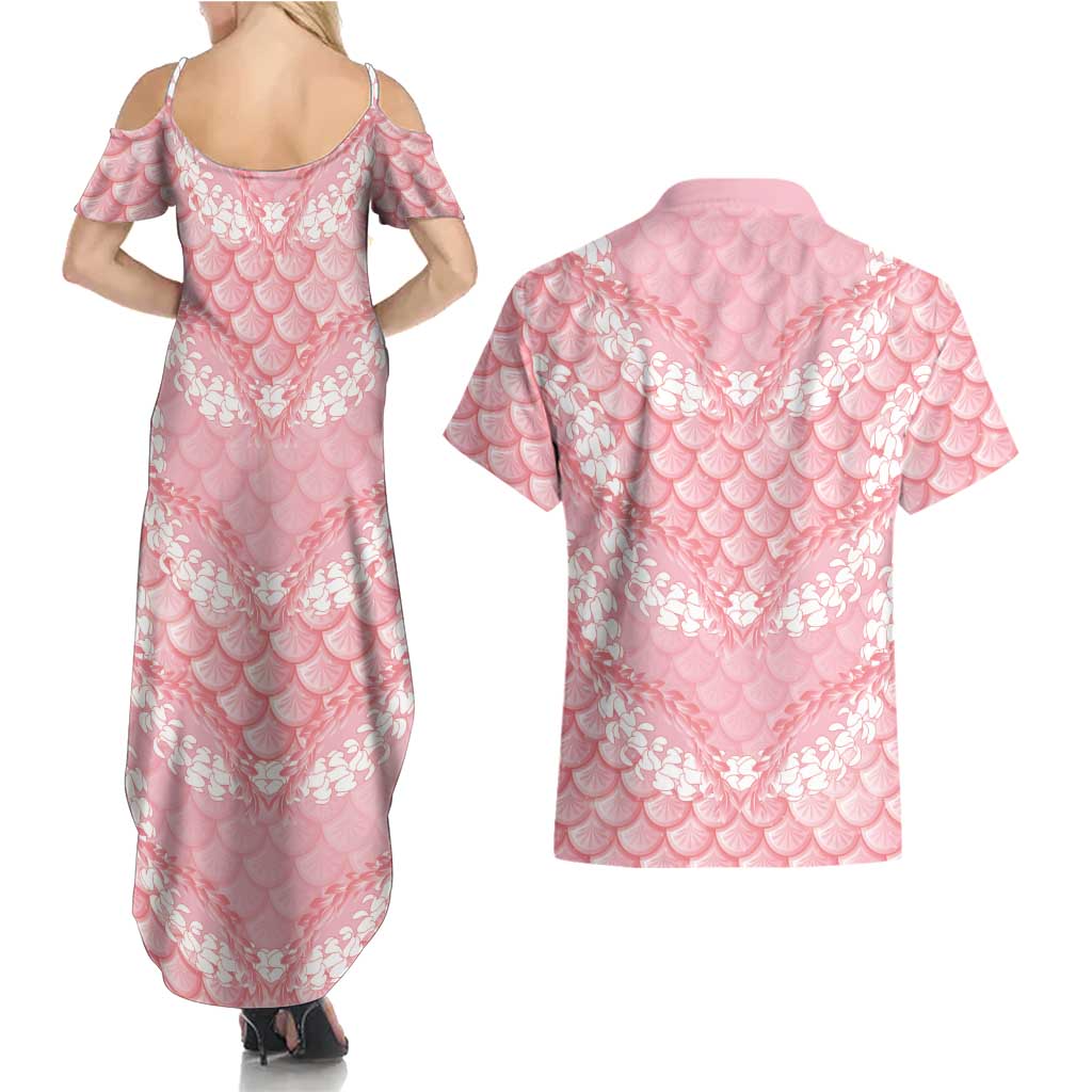 Soft Pink Mermaid Puakenikeni Maile Lei Couples Matching Summer Maxi Dress and Hawaiian Shirt