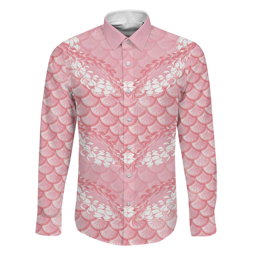Soft Pink Mermaid Puakenikeni Maile Lei Family Matching Mermaid Dress and Hawaiian Shirt LT01 Dad's Shirt - Long Sleeve Pink - Polynesian Pride