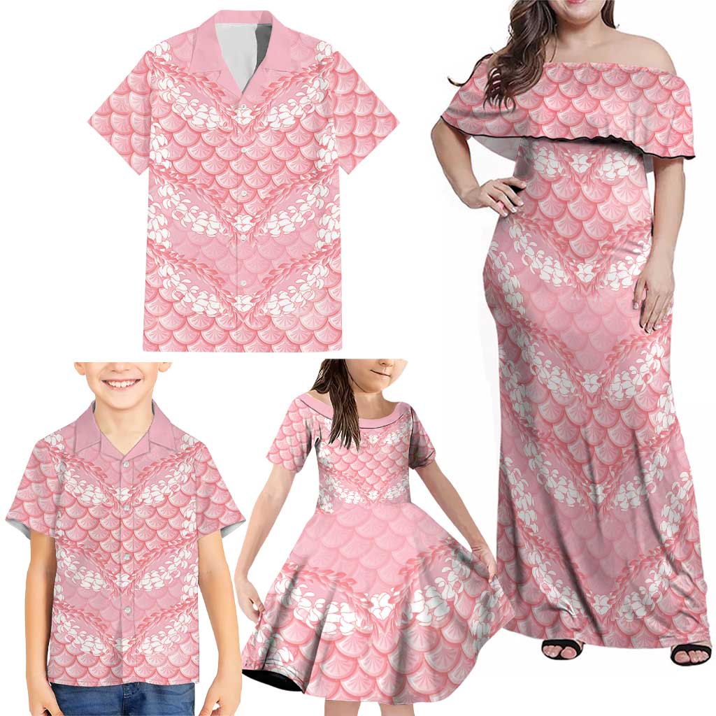 Soft Pink Mermaid Puakenikeni Maile Lei Family Matching Off Shoulder Maxi Dress and Hawaiian Shirt