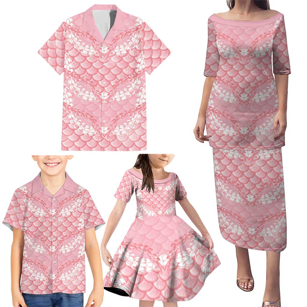 Soft Pink Mermaid Puakenikeni Maile Lei Family Matching Puletasi and Hawaiian Shirt
