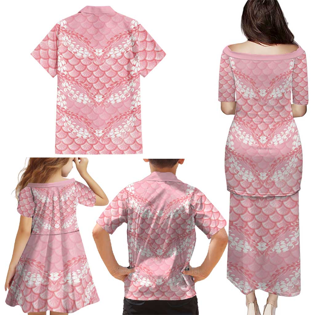 Soft Pink Mermaid Puakenikeni Maile Lei Family Matching Puletasi and Hawaiian Shirt LT01 - Polynesian Pride