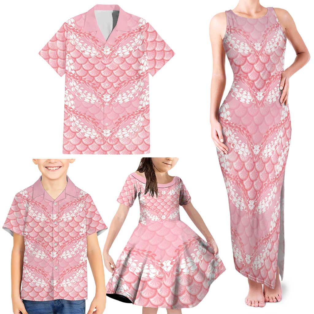 Soft Pink Mermaid Puakenikeni Maile Lei Family Matching Tank Maxi Dress and Hawaiian Shirt LT01 - Polynesian Pride